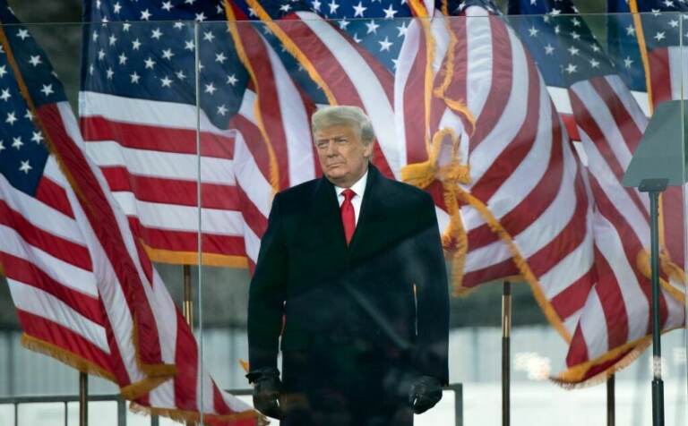 Former President Donald Trump stands in front of numerous U.S. flags.