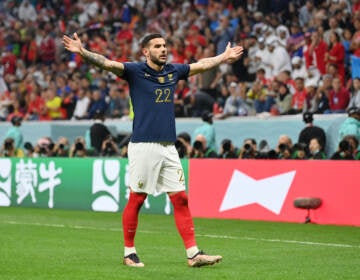 Theo Hernández of France celebrates after scoring the team's first goal during the 2022 World Cup semifinal between France and Morocco on December 14, 2022 in Al Khor, Qatar. (Dan Mullan/Getty Images)
