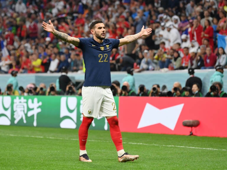 Theo Hernández of France celebrates after scoring the team's first goal during the 2022 World Cup semifinal between France and Morocco on December 14, 2022 in Al Khor, Qatar. (Dan Mullan/Getty Images)