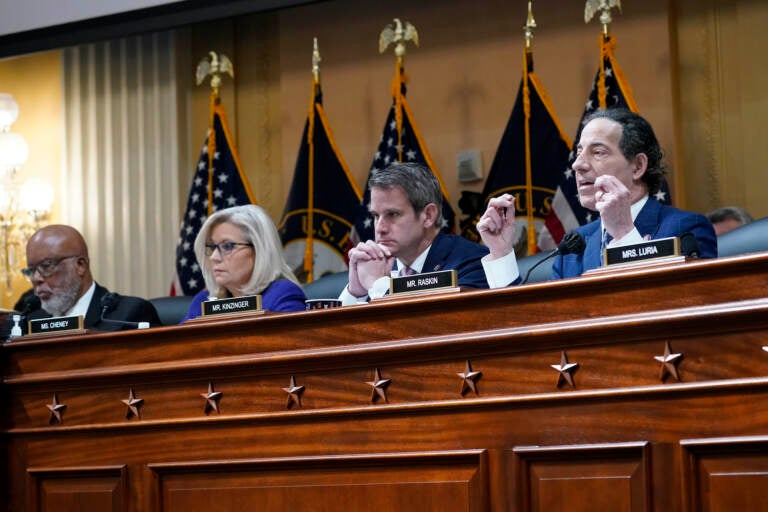 Rep. Jamie Raskin, D-Md., speaks as the House select committee investigating the Jan. 6 attack on the U.S. Capitol holds its final meeting on Capitol Hill in Washington, Monday, Dec. 19, 2022. From left are Chairman Bennie Thompson, D-Miss., Vice Chair Liz Cheney, R-Wyo., Rep. Adam Kinzinger, R-Ill., Raskin. (AP Photo/J. Scott Applewhite)