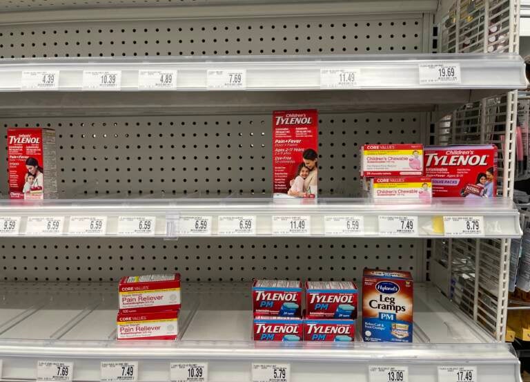 It can be hard to find children's fever-reducing medication in some areas. At a Bed Bath & Beyond in Washington, D.C., on Thursday, a few products were in stock while others were sold out. (Laurel Wamsley/NPR)