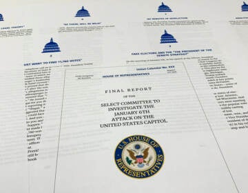 Pages from the final report released by the House select committee investigating the Jan. 6 attack on the U.S. Capitol, is photographed Thursday, Dec. 22, 2022. (AP Photo/Jon Elswick)