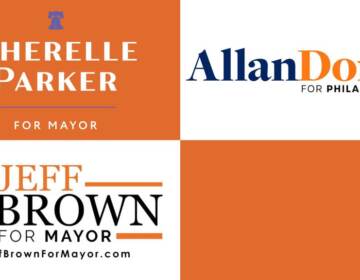 Logos in orange of different Philadelphia mayoral campaigns.