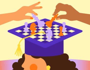 An illustration of people playing chess on top of someone's graduation cap