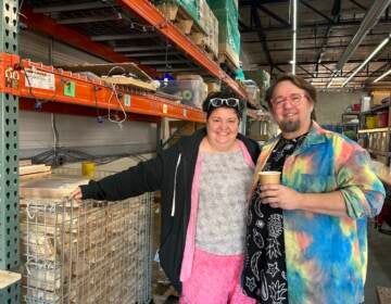 Tiernan Alexander (left) and Tim Eads at their warehouse in Southwest Philly