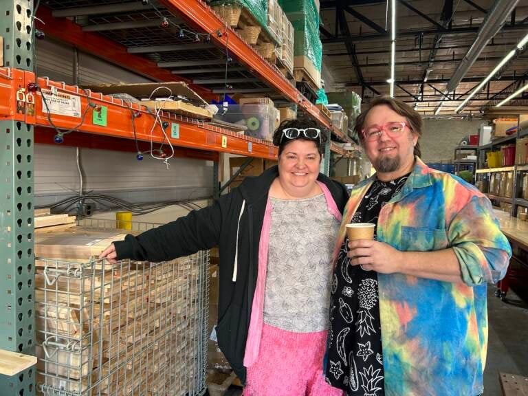 Tiernan Alexander (left) and Tim Eads at their warehouse in Southwest Philly