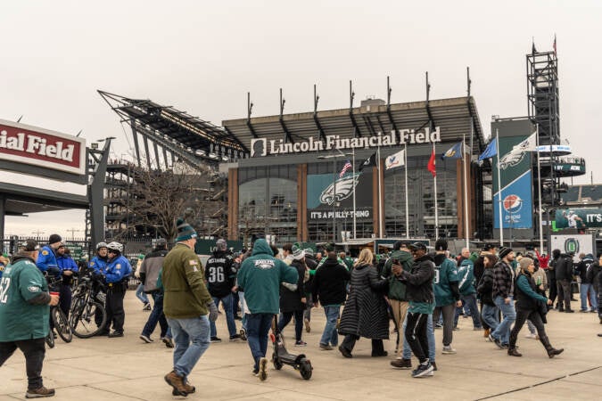 Fans of the Philadelphia Eagles descended on Lincoln Financial Field for the NFC East Championship game on January 29, 2023. (Kimberly Paynter/WHYY)