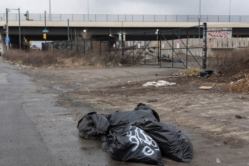 Several trash bags are in the foreground on the side of a road.