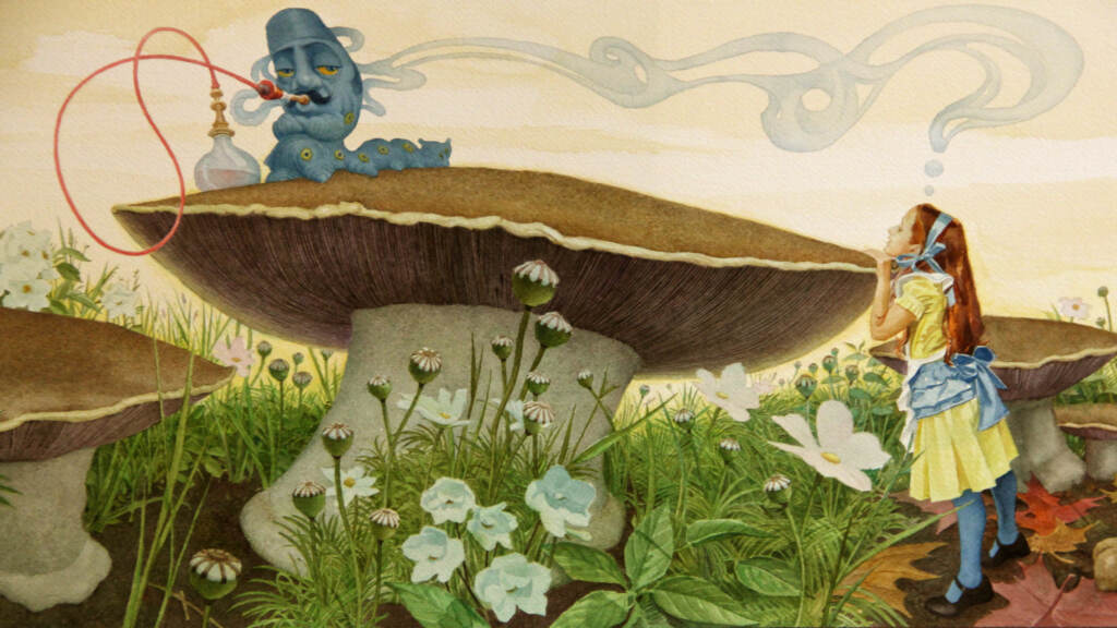 In one of Charles Santore's illustrations for the 150th anniversary of Alice's Adventures Under Ground, Alice has a run-in with a hookah-smoking caterpillar