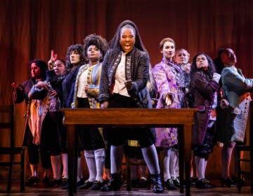 The cast of ''1776'' (from left) Sushma Saha, Sara Porkalob, Mehry Eslaminia, Gisela Adisa, Crystal Lucas-Perry, Elizabeth A. Davis, Becca Ayers, Brooke Simpson, and Oneika Phillips