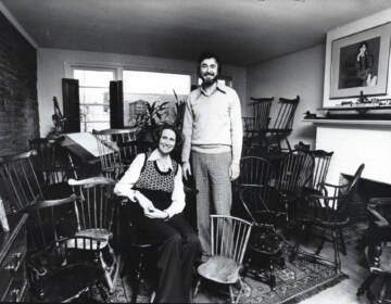 Charles and Olenka Santore at home in Fitler Square with their collection of Windsor chairs in 1977