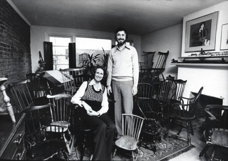 Charles and Olenka Santore at home in Fitler Square with their collection of Windsor chairs in 1977
