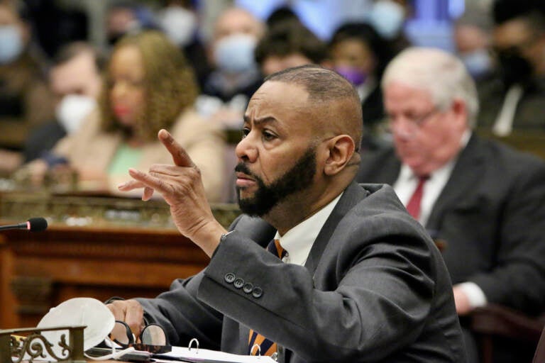 Philadelphia City Councilmember Curtis Jones gestures as he speaks.