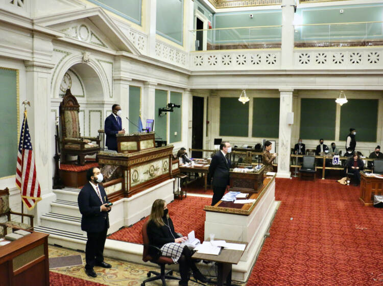 Philadelphia City Council Chamber. (Emma Leee/WHYY) An overhead view of Philadelphia City Council chambers.