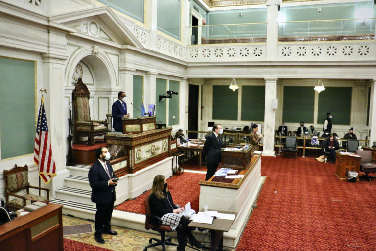 An overhead view of Philadelphia City Council chambers.