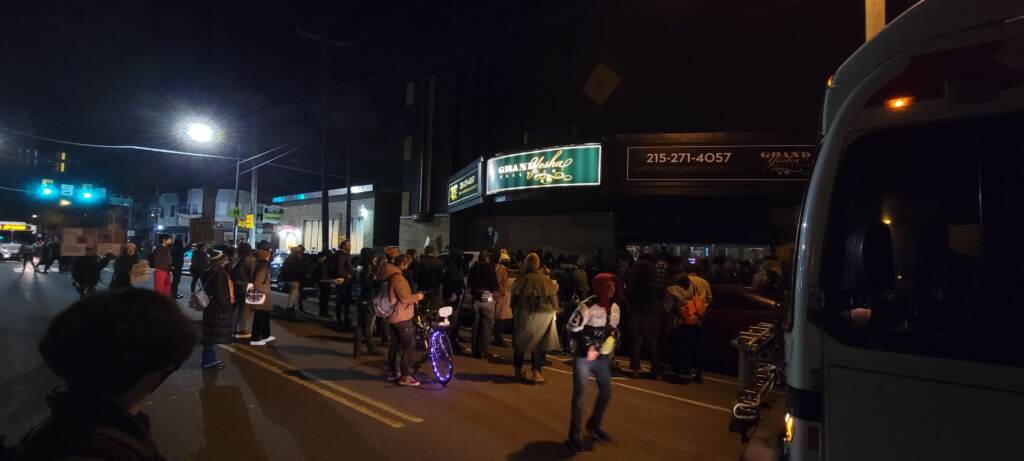 Protesters blocked 23rd and Snyder Ave. right outside the Grand Yesha Ballroom, halting multiple bus routes