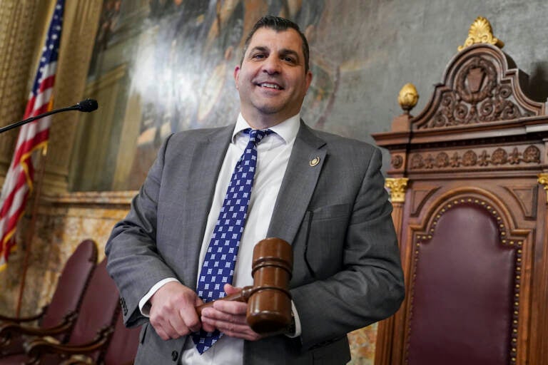 Pennsylvania Speaker of the House Mark Rozzi is photographed at the speaker's podium, Tuesday, Jan. 3, 2023, at the state Capitol in Harrisburg, Pa. (AP Photo/Matt Smith)