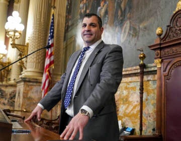 Mark Rozzi smiles, standing at a podium.