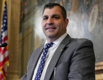 Pennsylvania Speaker of the House Mark Rozzi is photographed at the speaker's podium, Tuesday, Jan. 3, 2023, at the state Capitol in Harrisburg, Pa. (AP Photo/Matt Smith)