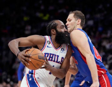 Detroit Pistons forward Bojan Bogdanovic (44) fouls Philadelphia 76ers guard James Harden (1)