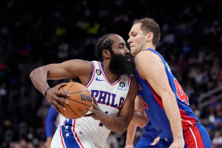 Detroit Pistons forward Bojan Bogdanovic (44) fouls Philadelphia 76ers guard James Harden (1)