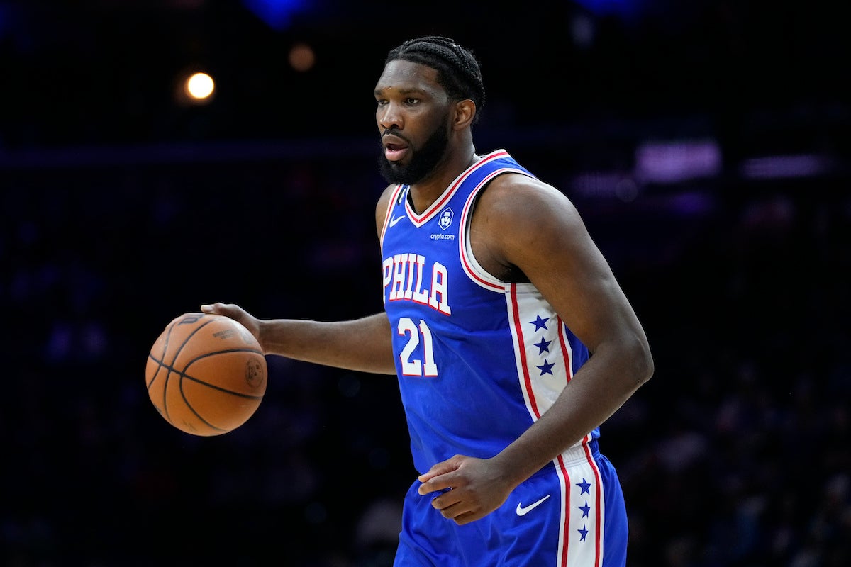 Philadelphia 76ers' Joel Embiid dribbles during the first half of an NBA basketball game against the Detroit Pistons, Tuesday, Jan. 10, 2023, in Philadelphia