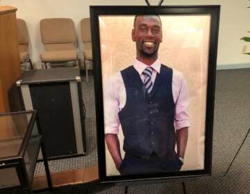 A portrait of Tyre Nichols is displayed at a memorial service for him