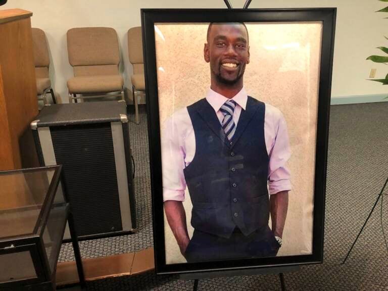 A portrait of Tyre Nichols is displayed at a memorial service for him
