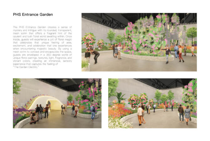 Eenderings of the Entrance Garden at the 2023 Philadelphia Flower Show. (Courtesy of the Philadelphia Horticultural Society)