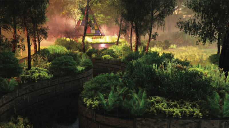 A rendering of a scene of trees and gardens in dim lighting.