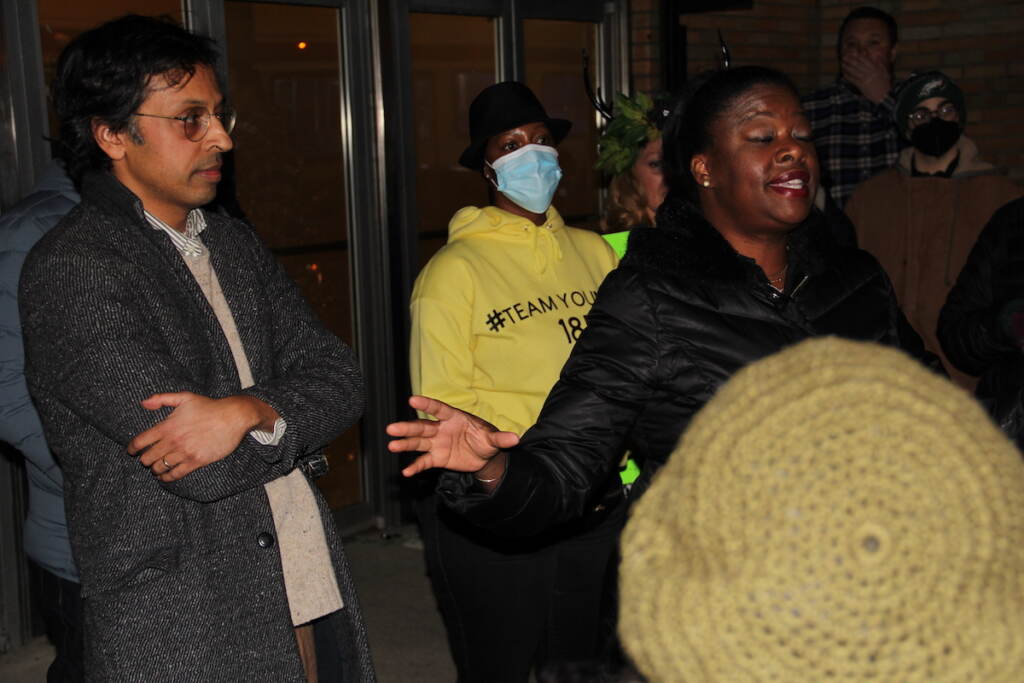 State Rep. Regina Young and State Sen. Nikil Saval address protesters outside of Grand Yesha Ballroom