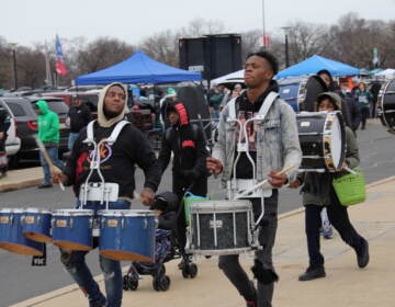 A drumline performs during the tailgate outside Lincoln Financial Field ahead of the NFC Championship game