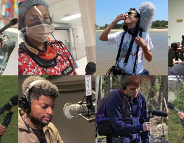 A collage of the Pulse staff and producers with mics and headphones