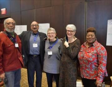 (From left) Donald Camp, Aziz Nathoo, Rabbi Linda Holtzman, Lucy Duncan, and the Rev. Naomi Washington Leapheart take part in the Truth Telling Project on Monday at Rodeph Shalom, at 615 N. Broad St.