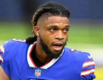 Buffalo Bills Damar Hamlin with his helmet off before playing the Los Angeles Rams during an NFL football game