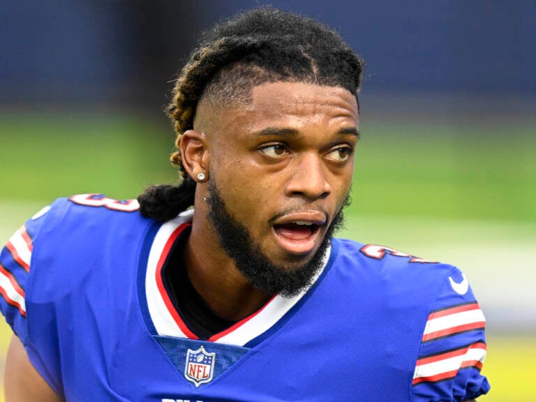 Buffalo Bills Damar Hamlin with his helmet off before playing the Los Angeles Rams during an NFL football game