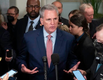 House Republican Leader Kevin McCarthy, R-Calif., speaks after a closed-door meeting Tuesday morning with the GOP conference as he pursues the speaker of the House. (Alex Brandon/AP)