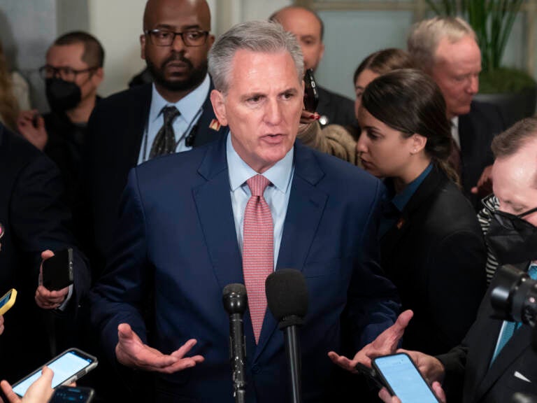 House Republican Leader Kevin McCarthy, R-Calif., speaks after a closed-door meeting Tuesday morning with the GOP conference as he pursues the speaker of the House. (Alex Brandon/AP)