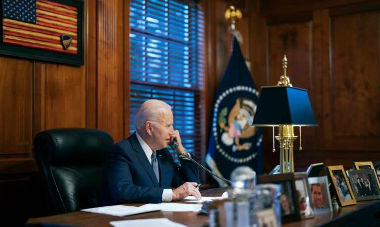 President Biden pictured at his home office President Biden pictured at his home office in his private residence in Wilmington, Del., in 2021. This week, the Department of Justice announced that improperly stored classified documents had been discovered at the president's Wilmington home