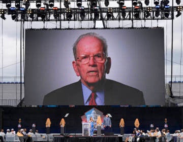 A video of NFL official Art McNally is played during an induction ceremony at the Pro Football Hall of Fame