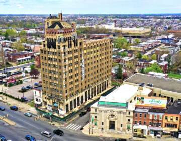 An aerial view of a block in North Philly.