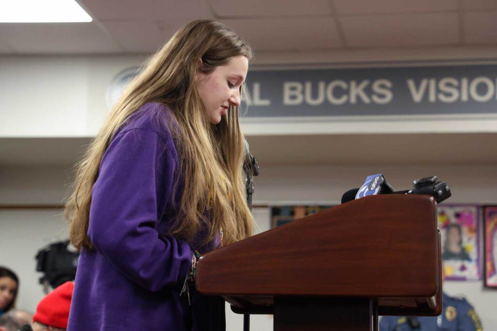 Ashley Gane speaks at a Central Bucks School District board meeting