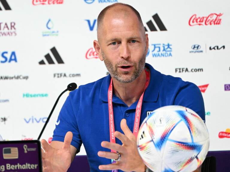 USA coach Gregg Berhalter speaks during a press conference at the Qatar National Convention Center in Doha on December 2, 2022, on the eve of the USA's World Cup soccer match against the Netherlands. (Patrick T. Fallon/AFP via Getty Images)