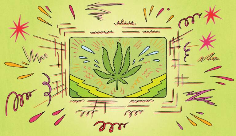 An cartoon displaying a marijuana leaf