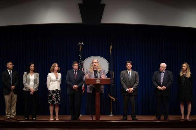 Pennsylvania health secretary Rachel Levine speaks at a podium