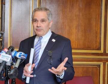 Krasner speaks at a podium into a number of microphones.