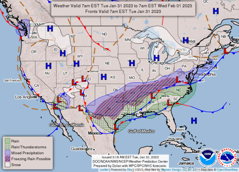 A National Weather Service map of the approching winter ice storm