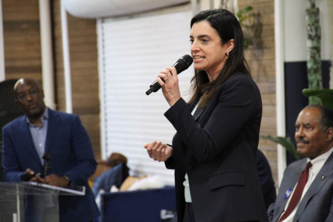 Rebecca Rhynhart speaks at a Philly mayoral candidate forum