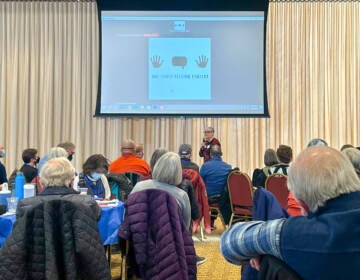 Lucy Duncan, a member of Philadelphia's Commission for Interfaith Affairs and a fellow with the Truth Telling Project, leads a discussion on reparations at Congregation Rodeph Shalom. (Jordan Levy/Billy Penn)