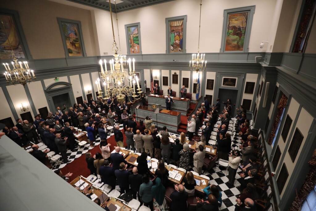 An aerial view of legislators in Delaware's Legislative Hall.